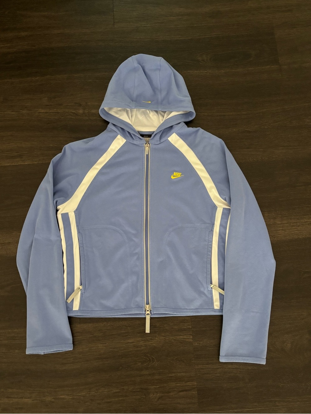 Nike Jacket Women’s Full Zip Hooded Dri-Fit Blue Yellow Swoosh Sz Small
